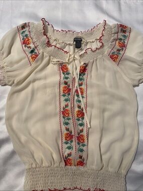 Isabella Rodriguez Cream Peasant Blouse with Red & Green Floral Embroidery